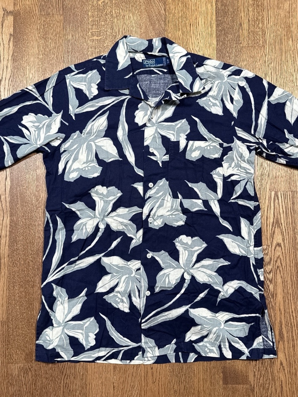 Vintage 90s Polo Ralph Lauren Linen Hawaiian Floral Blue S/S Button Shirt Mens S